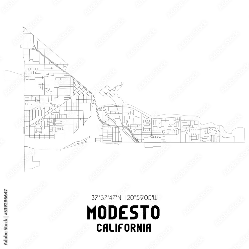Modesto California. US street map with black and white lines.