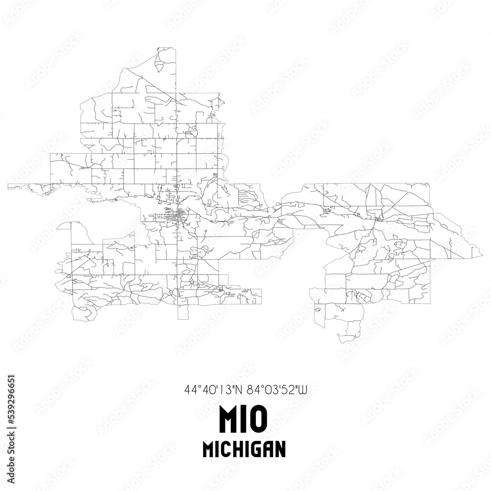 Mio Michigan. US street map with black and white lines.