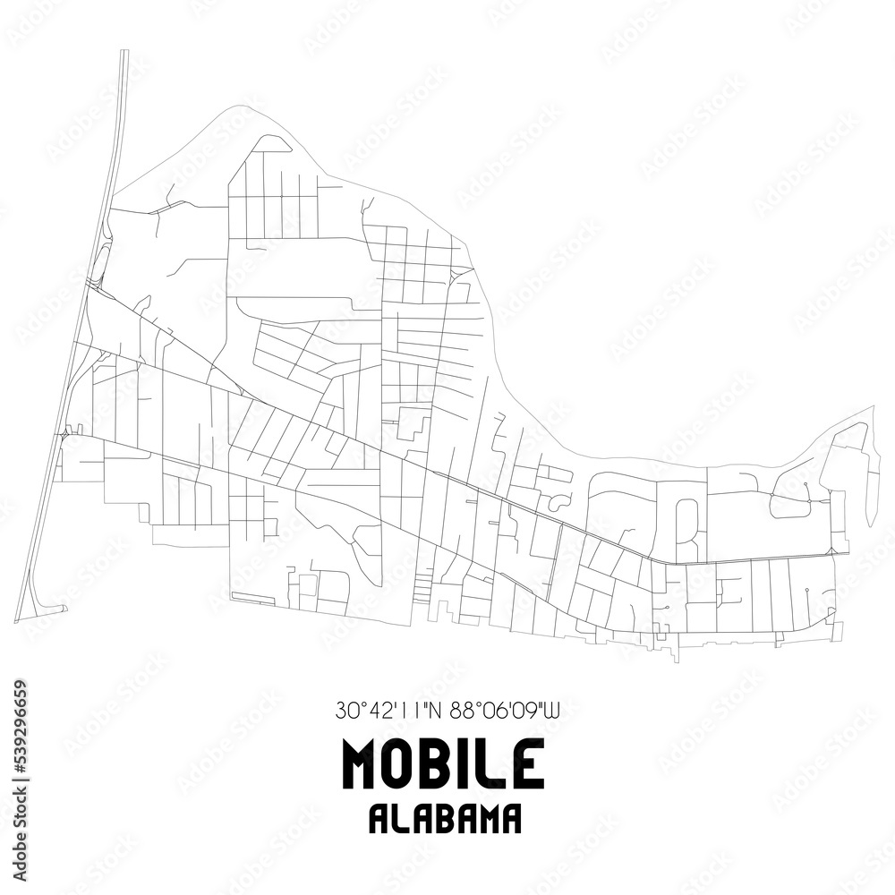Mobile Alabama. US street map with black and white lines.