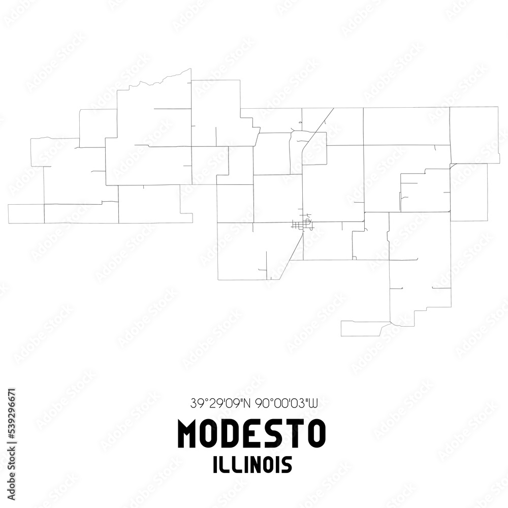 Modesto Illinois. US street map with black and white lines.
