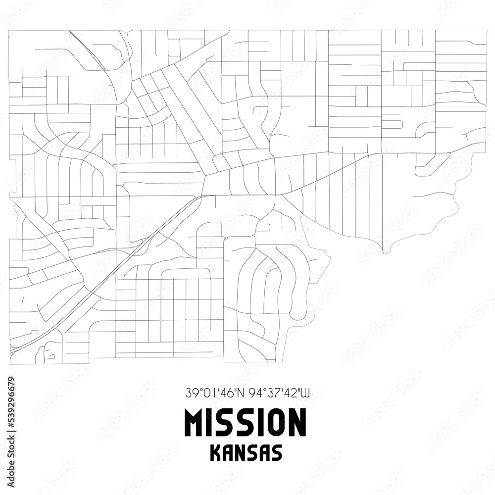 Mission Kansas. US street map with black and white lines.