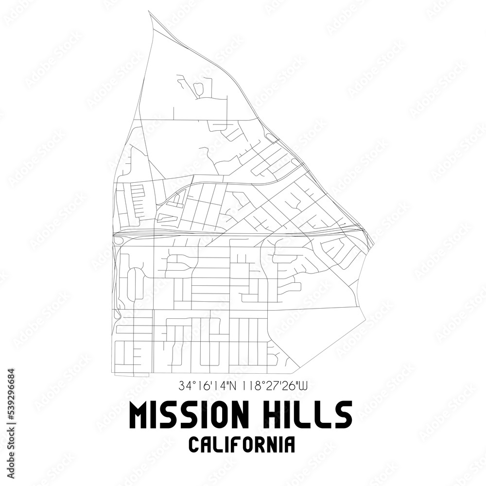 Mission Hills California. US street map with black and white lines.