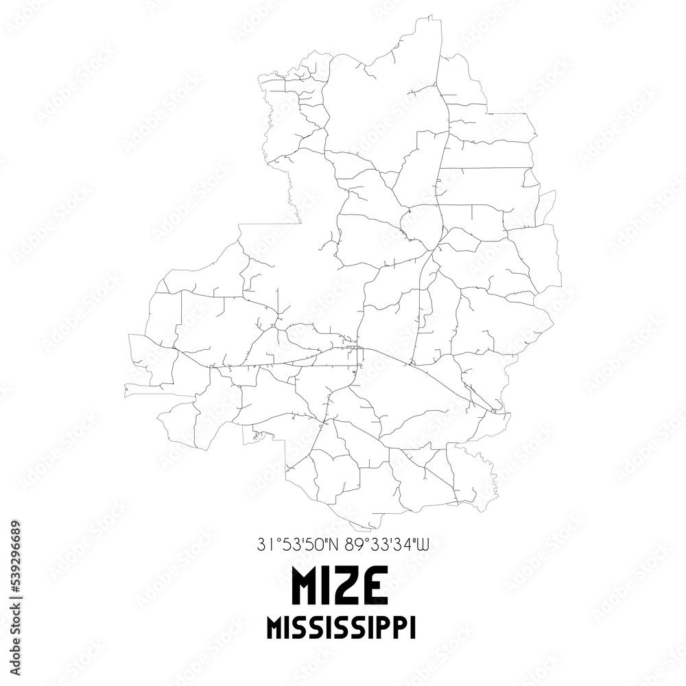 Mize Mississippi. US street map with black and white lines.