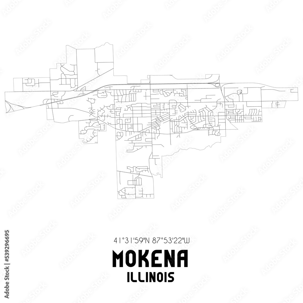 Mokena Illinois. US street map with black and white lines.