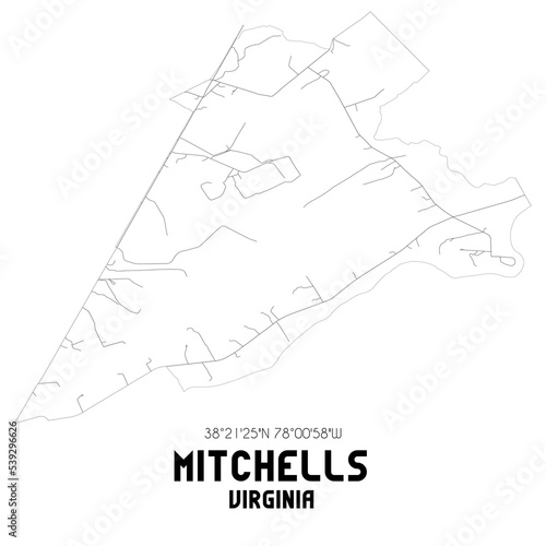 Mitchells Virginia. US street map with black and white lines.