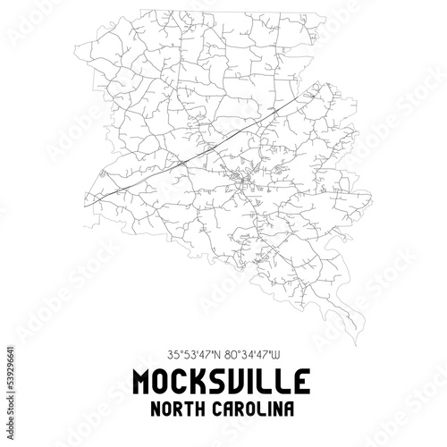 Mocksville North Carolina. US street map with black and white lines.