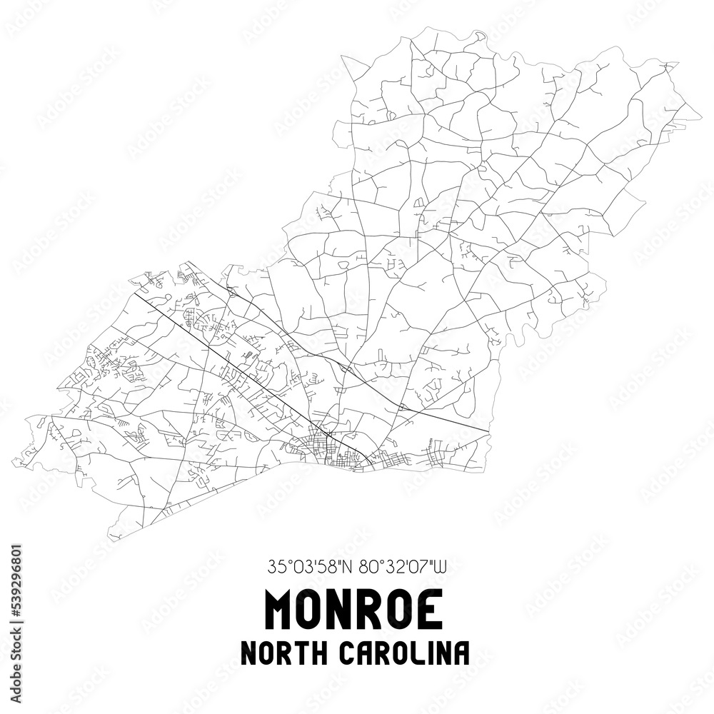 Monroe North Carolina. US street map with black and white lines.
