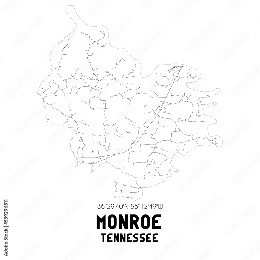Monroe Tennessee. US street map with black and white lines.