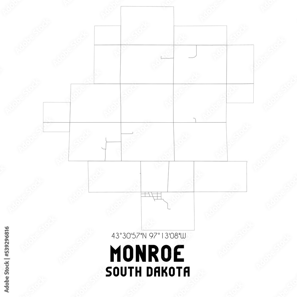 Monroe South Dakota. US street map with black and white lines.