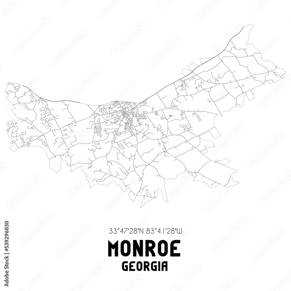 Monroe Georgia. US street map with black and white lines.