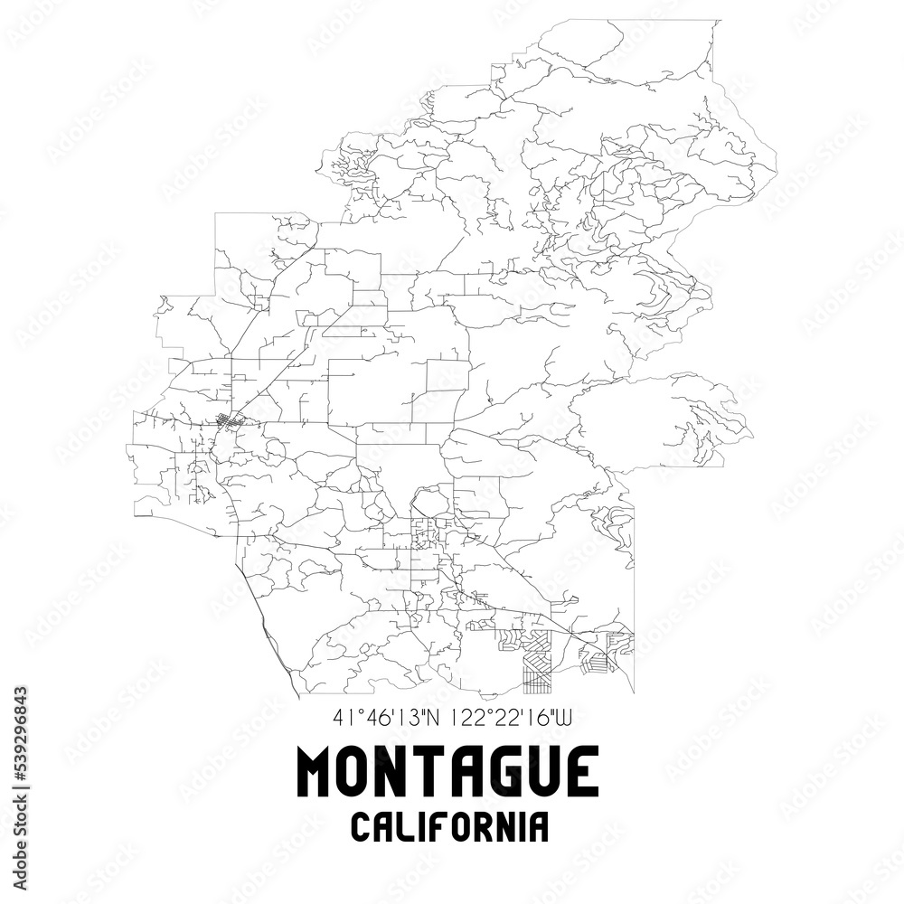 Montague California. US street map with black and white lines.