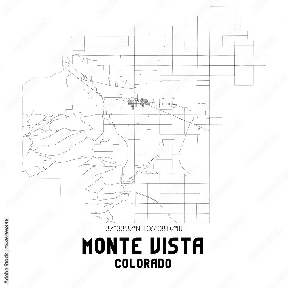Monte Vista Colorado. US street map with black and white lines.