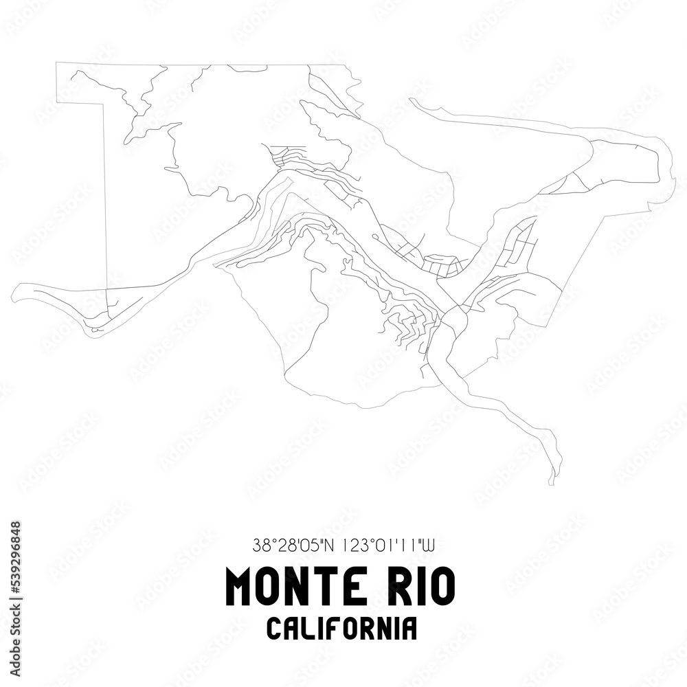 Monte Rio California. US street map with black and white lines.