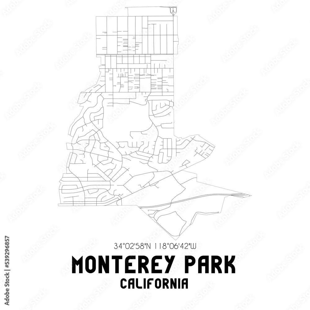 Monterey Park California. US street map with black and white lines.