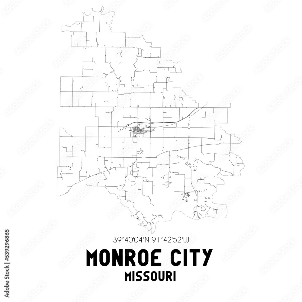 Monroe City Missouri. US street map with black and white lines.