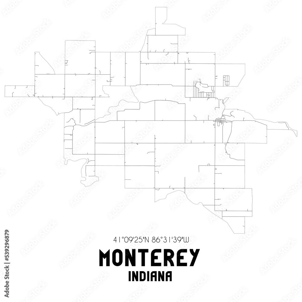 Monterey Indiana. US street map with black and white lines.