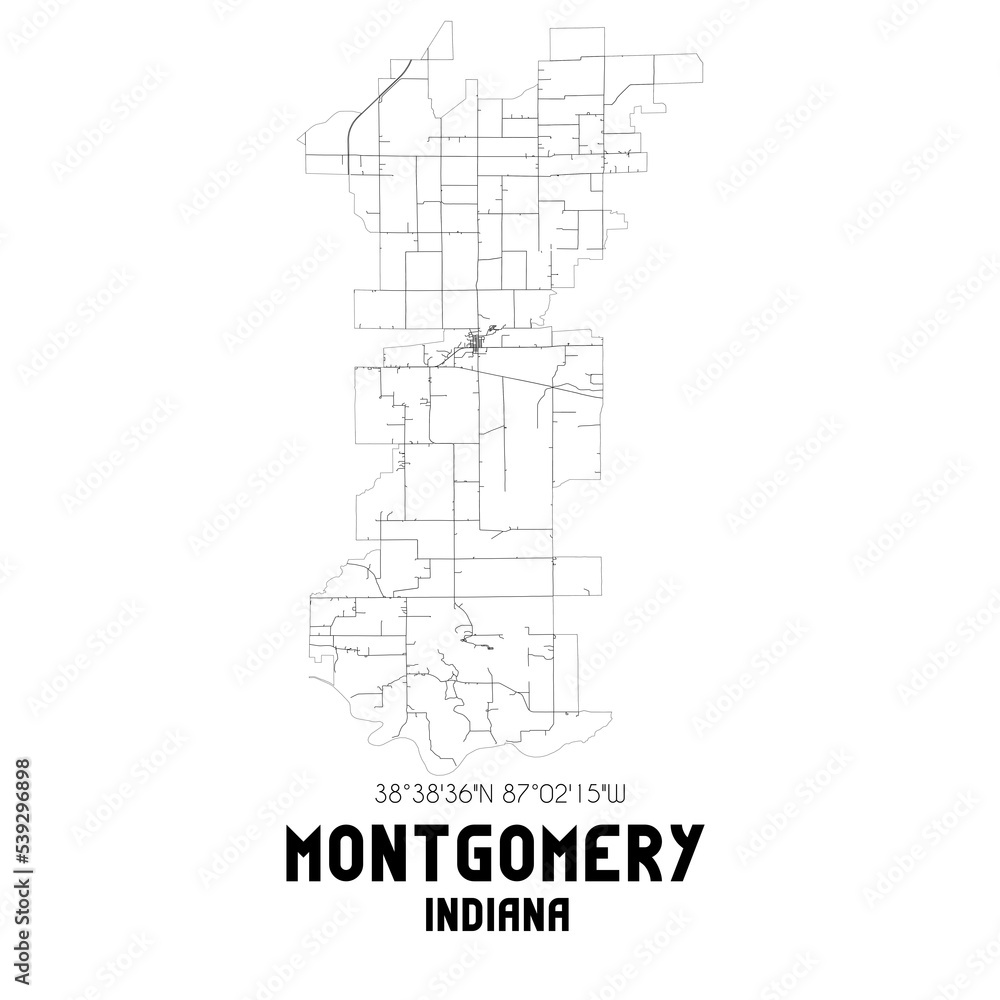 Montgomery Indiana. US street map with black and white lines. Montgomery Indiana. US street map with black and white lines.