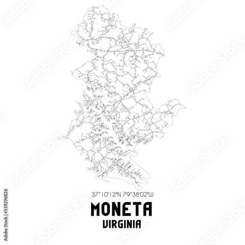 Moneta Virginia. US street map with black and white lines.