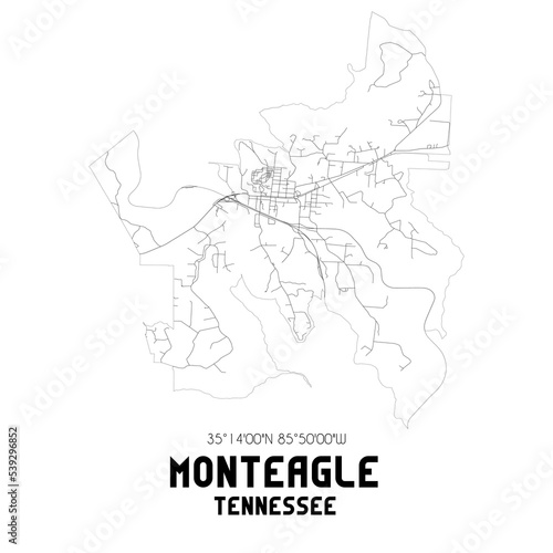 Monteagle Tennessee. US street map with black and white lines.