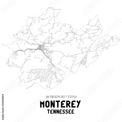 Monterey Tennessee. US street map with black and white lines.