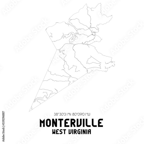 Monterville West Virginia. US street map with black and white lines.