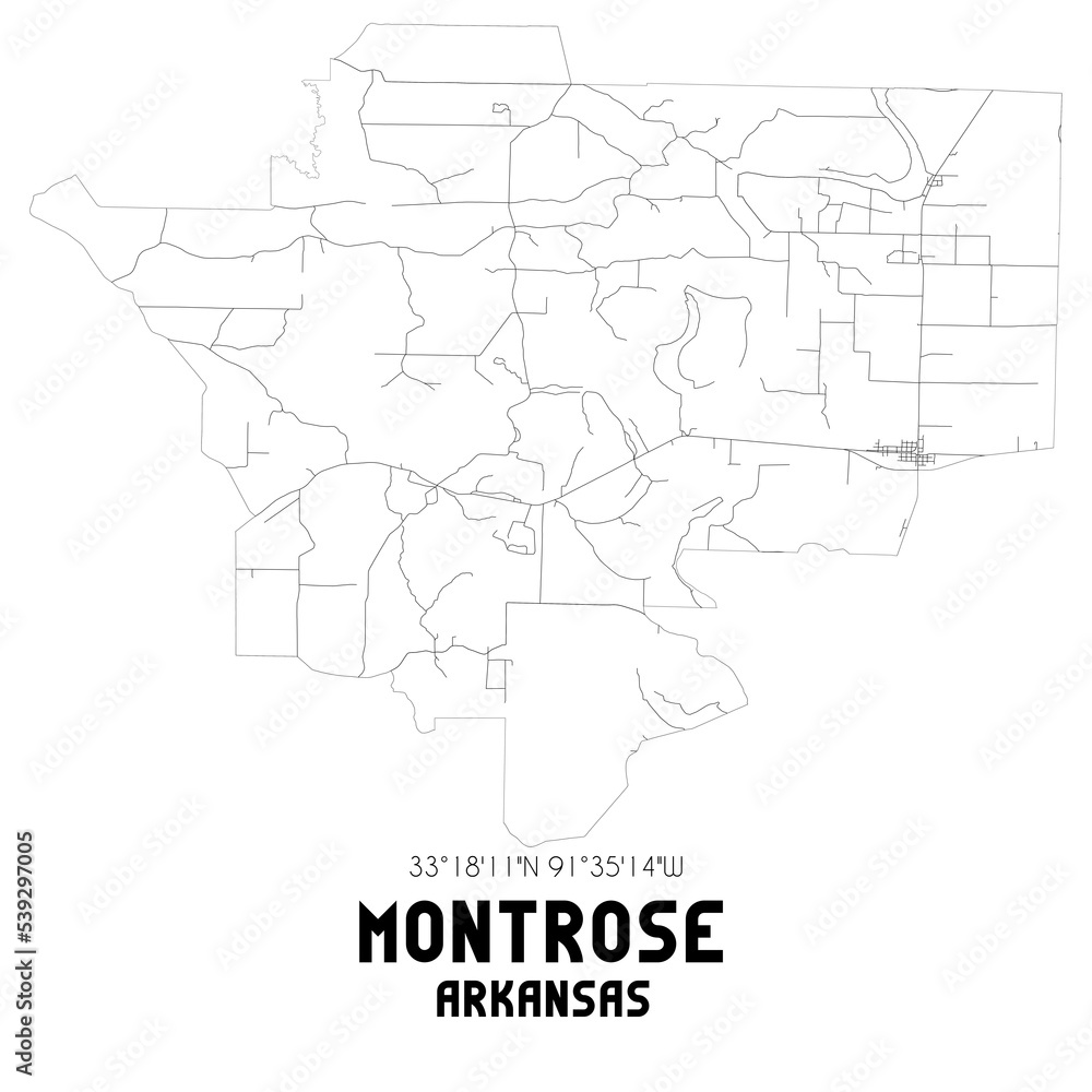 Montrose Arkansas. US street map with black and white lines.