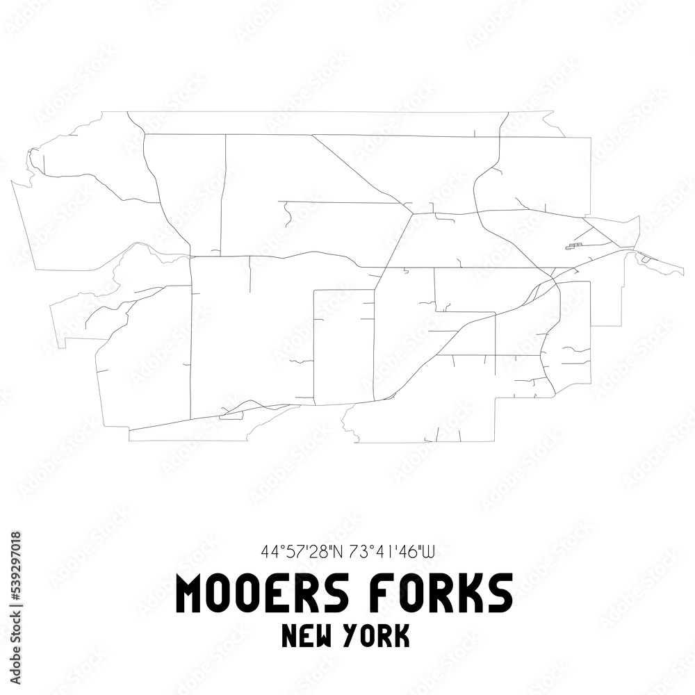 Mooers Forks New York. US street map with black and white lines.