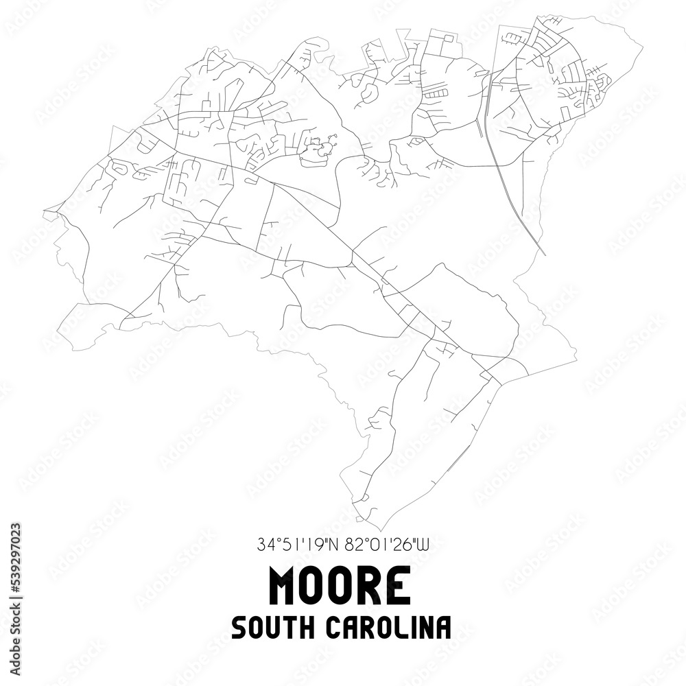 Moore South Carolina. US street map with black and white lines. Moore South Carolina. US street map with black and white lines.
