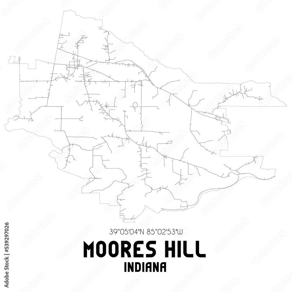Moores Hill Indiana. US street map with black and white lines.