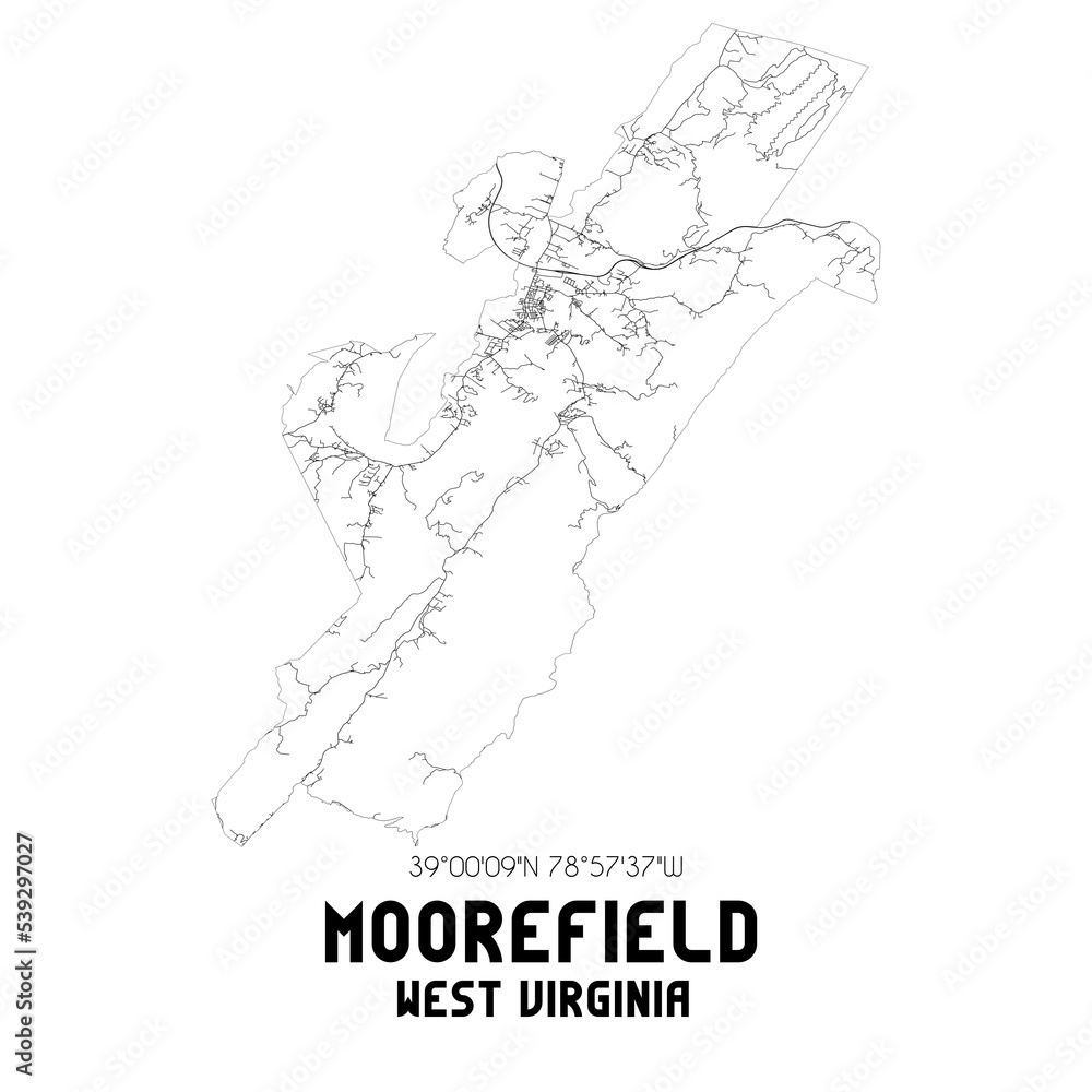 Moorefield West Virginia. US street map with black and white lines.