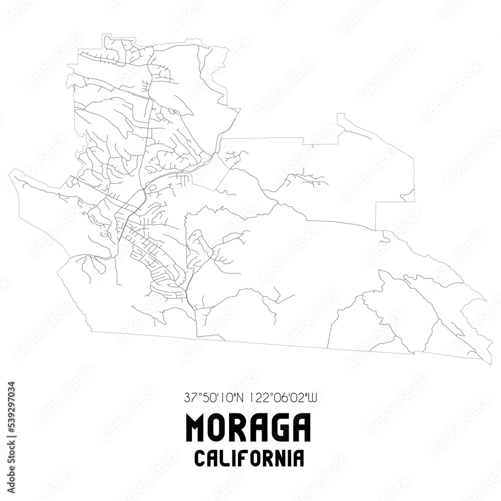 Moraga California. US street map with black and white lines.