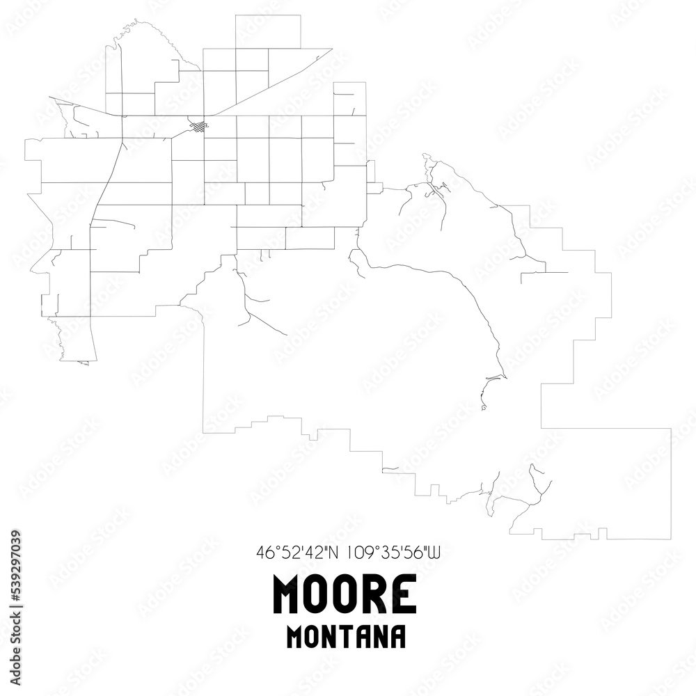 Moore Montana. US street map with black and white lines.