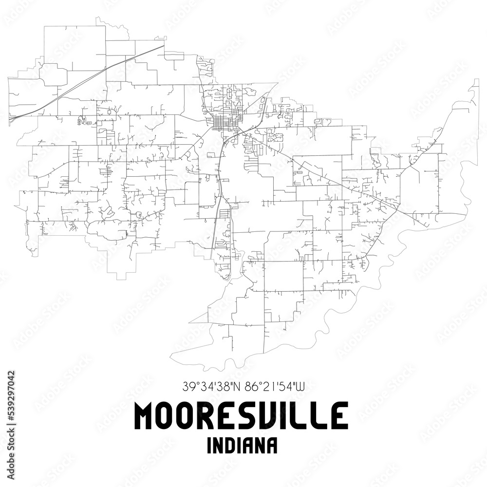 Mooresville Indiana. US street map with black and white lines.