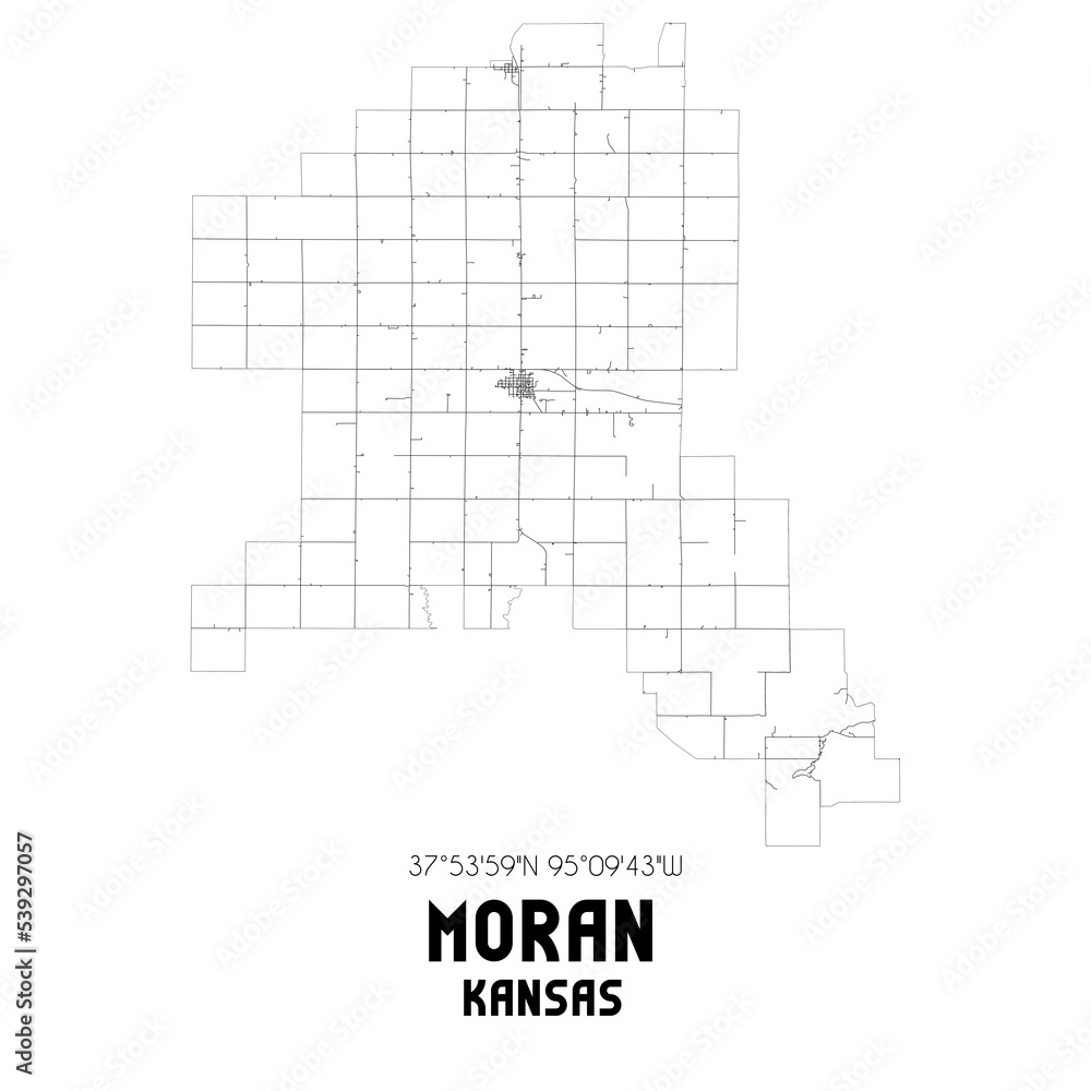 Moran Kansas. US street map with black and white lines.