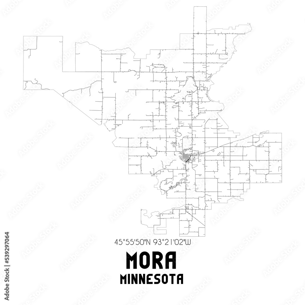 Mora Minnesota. US street map with black and white lines.