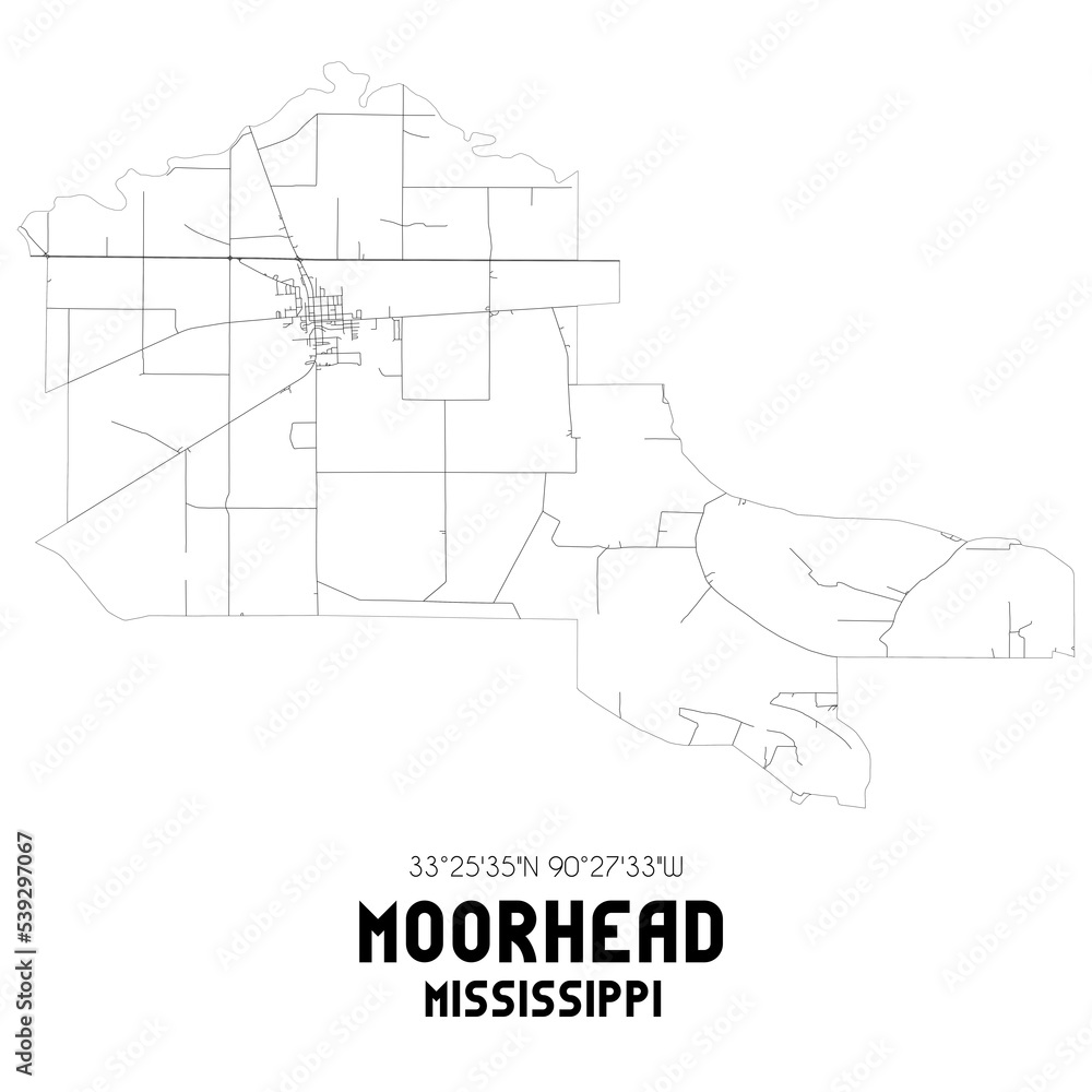 Moorhead Mississippi. US street map with black and white lines.