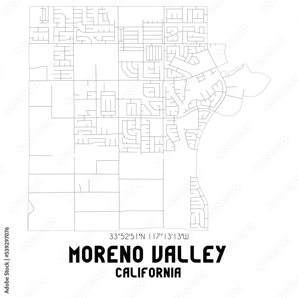 Moreno Valley California. US street map with black and white lines.