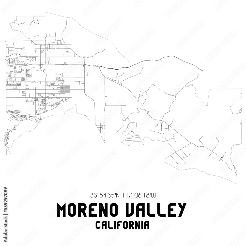 Moreno Valley California. US street map with black and white lines.
