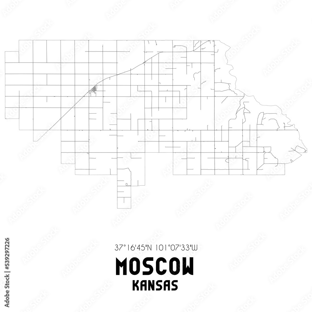 Moscow Kansas. US street map with black and white lines.