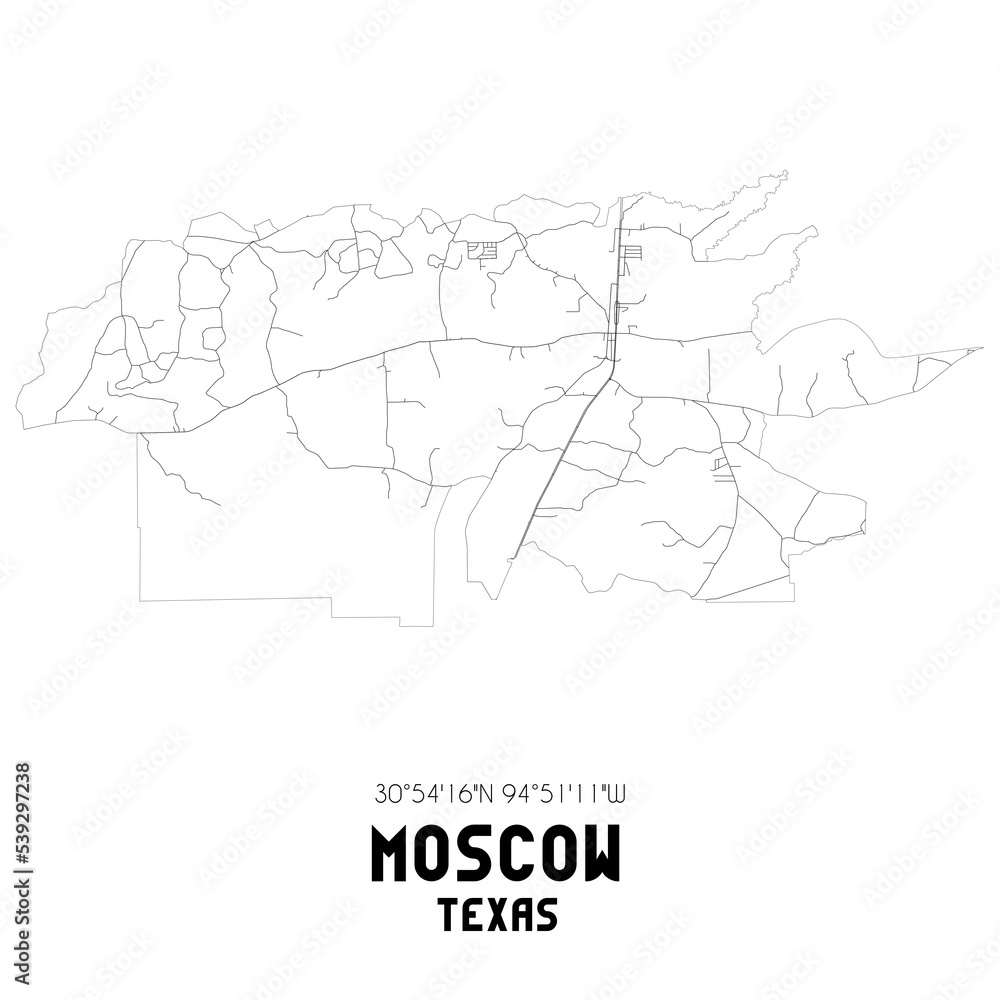 Moscow Texas. US street map with black and white lines.