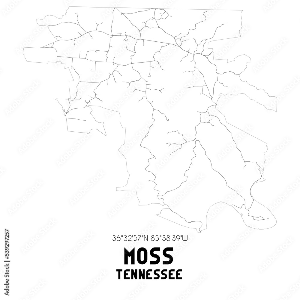 Moss Tennessee. US street map with black and white lines.