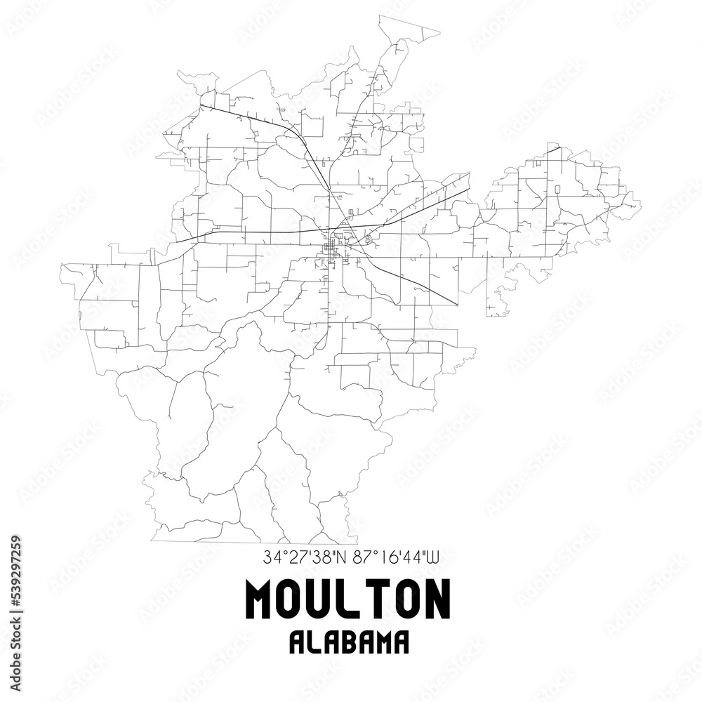 Moulton Alabama. US street map with black and white lines.
