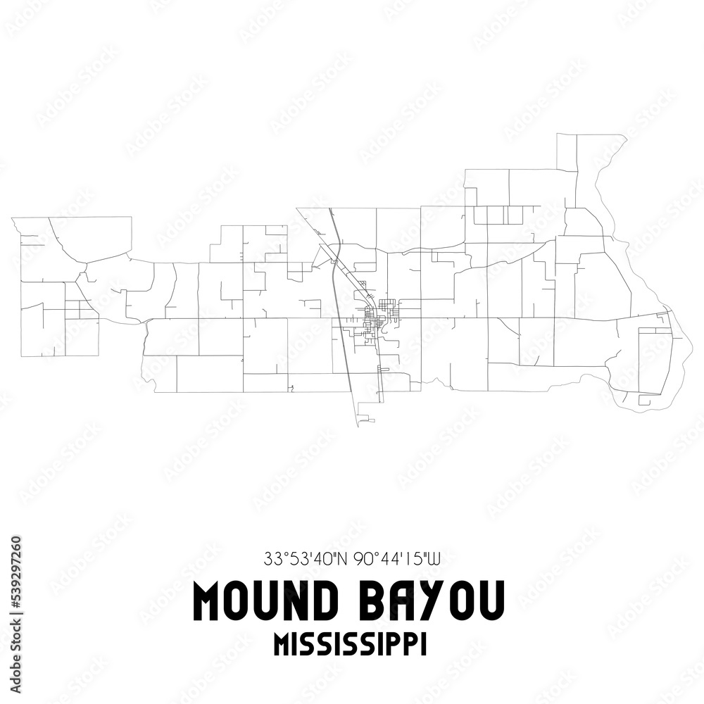 Mound Bayou Mississippi. US street map with black and white lines.
