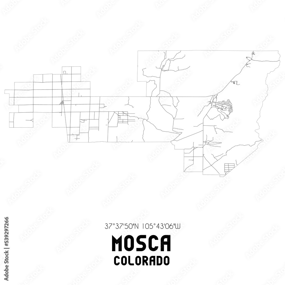 Mosca Colorado. US street map with black and white lines.