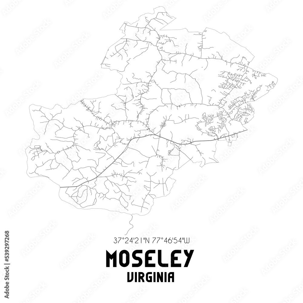 Moseley Virginia. US street map with black and white lines.