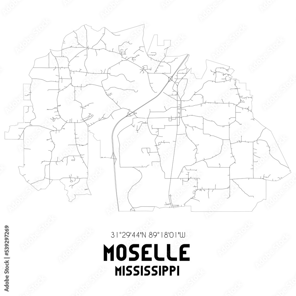Moselle Mississippi. US street map with black and white lines.