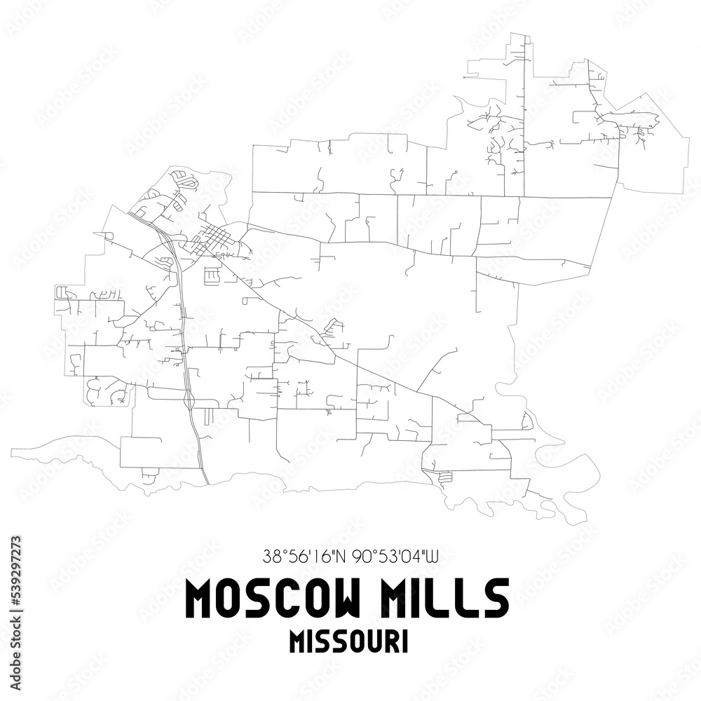 Moscow Mills Missouri. US street map with black and white lines.