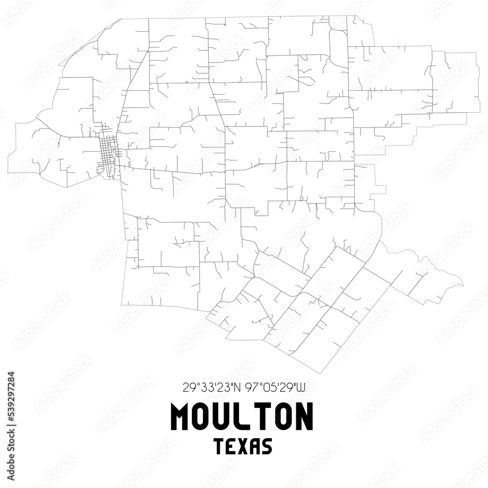 Moulton Texas. US street map with black and white lines.