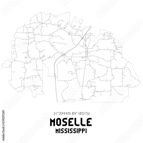 Moselle Mississippi. US street map with black and white lines.