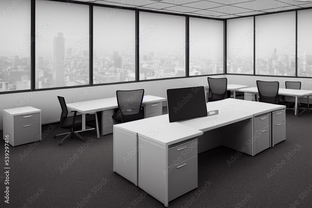 Office space with tables and chairs. Room for office workers open space. Office room for the placement of corporate attributes of the company. 3D office rendering.
Office space with tables and chairs. Room for office workers open space. Office room for the placement of corporate attributes of the company. 3D office rendering.